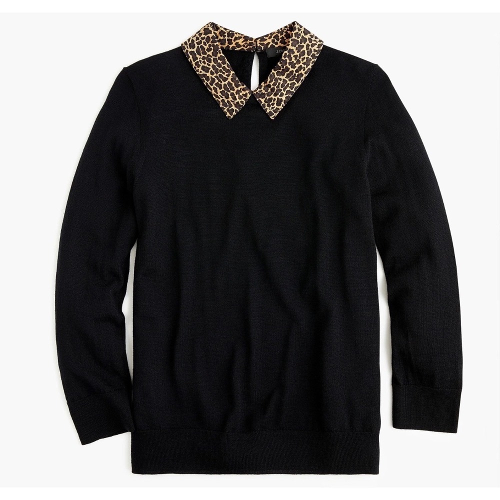 J.Crew Tippi Sweater Black 100% Merino Wool Leopard‎ Print Collar XS K0172